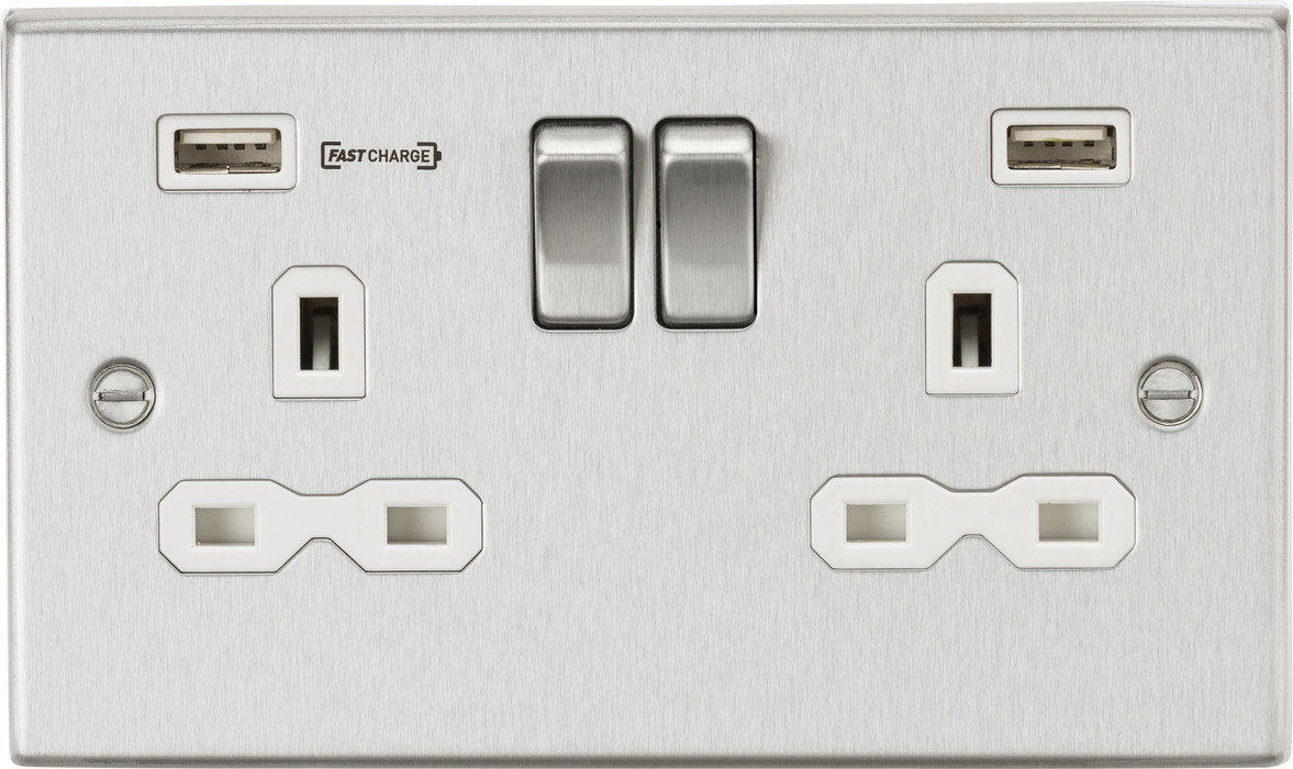 Knightsbridge CS9906BCW Square Edge 13A 2G DP Switch Socket + 2xUSB Type-A FAST - Brushed Chrome/White - westbasedirect.com