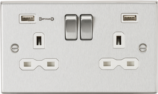 Knightsbridge CS9906BCW Square Edge 13A 2G DP Switch Socket + 2xUSB Type-A FAST - Brushed Chrome/White - westbasedirect.com