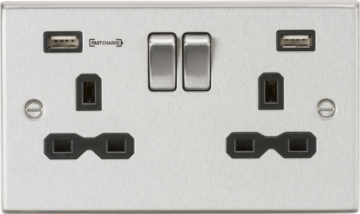 Knightsbridge CS9906BC Square Edge 13A 2G DP Switch Socket + 2xUSB Type-A FAST - Brushed Chrome/Black - westbasedirect.com