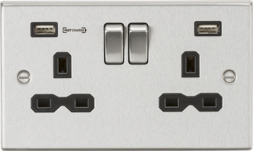 Knightsbridge CS9906BC Square Edge 13A 2G DP Switch Socket + 2xUSB Type-A FAST - Brushed Chrome/Black - westbasedirect.com