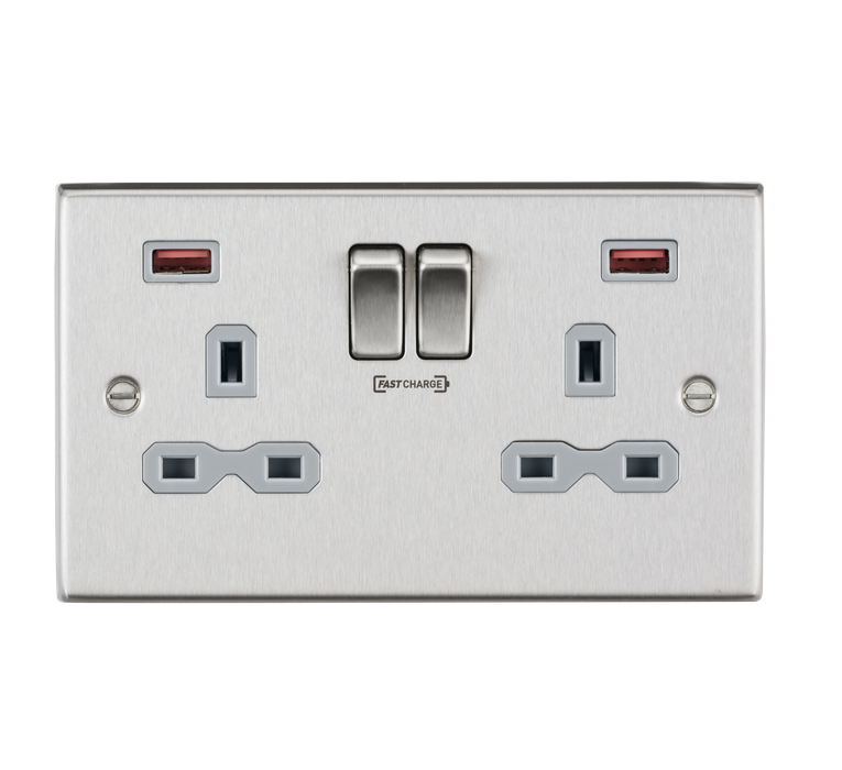 Knightsbridge CS9908BCG Square Edge 13A 2G DP Switch Socket + 2xUSB A+A FAST - Brushed Chrome + Grey Insert - westbasedirect.com