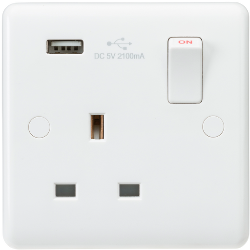 Knightsbridge CU9903 White Curved 13A 1G Switched Socket + USB 5V DC 2.1A - westbasedirect.com