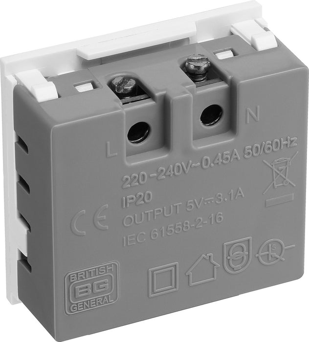 BG EMUSB3W Euro Module 3.1A USB Charger - White - westbasedirect.com