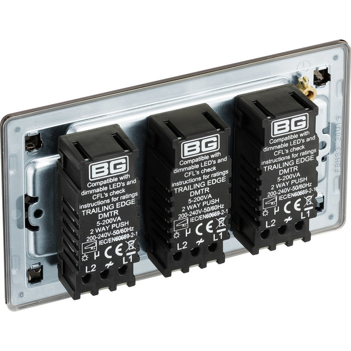 BG FBN83 Flatplate Screwless 2-Way Triple Trailing Edge Dimmer Push On/Off - Black Nickel - westbasedirect.com