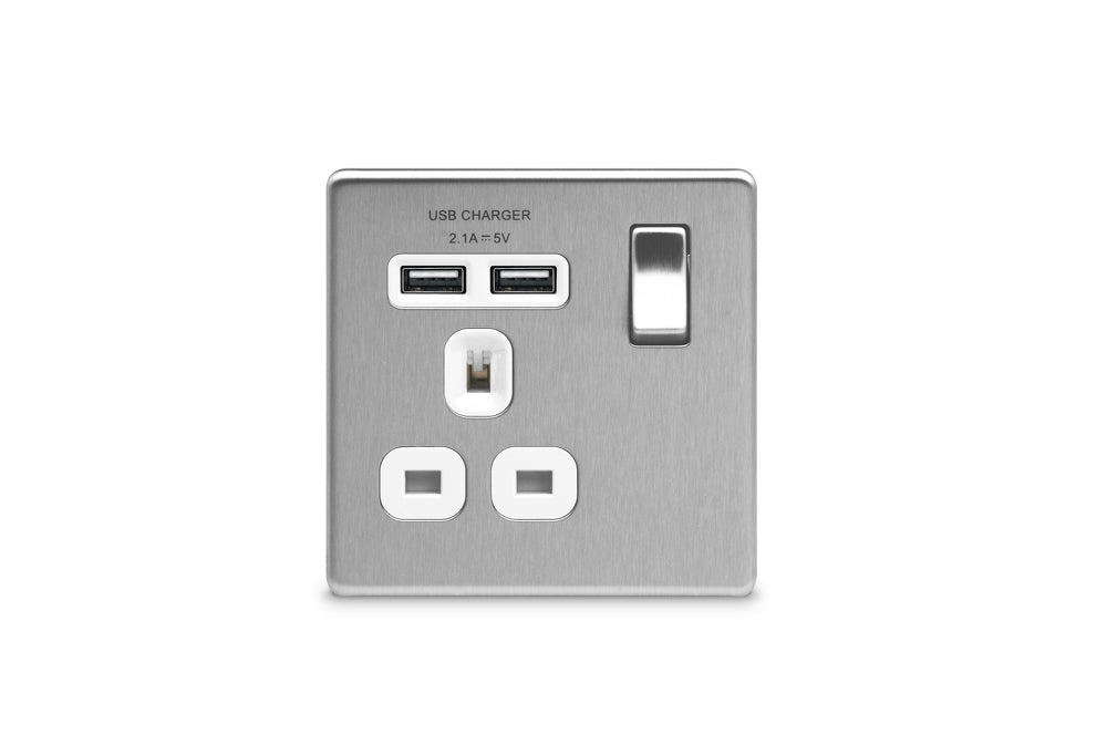 BG FBS21UW Flatplate Screwless Single Socket + 2x USB - White Insert - Brushed Steel - westbasedirect.com