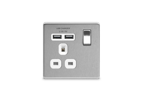 BG FBS21UW Flatplate Screwless Single Socket + 2x USB - White Insert - Brushed Steel - westbasedirect.com