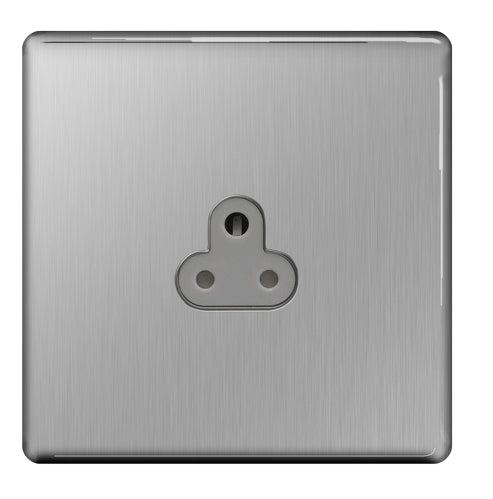 BG FBS28G Flatplate Screwless Unswitched Round Pin Socket 2A - Grey Insert - Brushed Steel - westbasedirect.com
