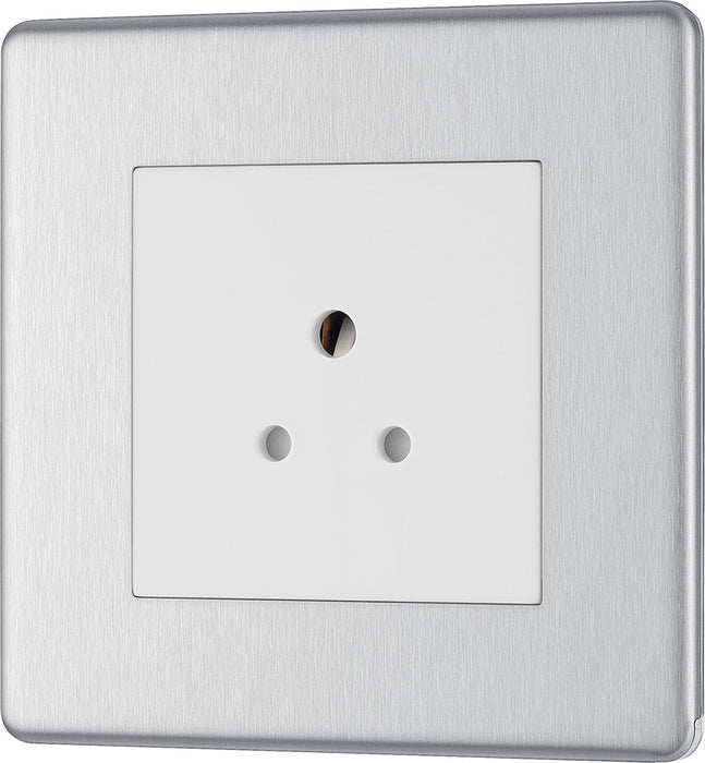 BG FBS28W Flatplate Screwless Unswitched Round Pin Socket 2A - White Insert - Brushed Steel - westbasedirect.com