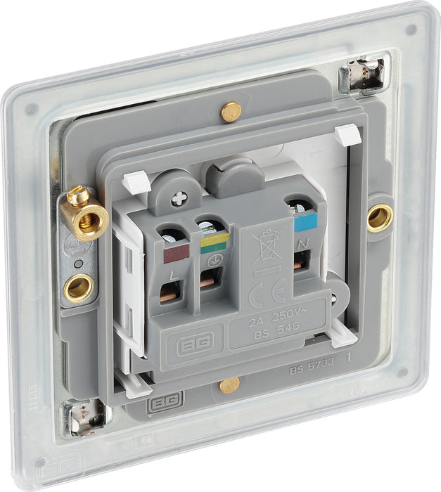 BG FBS28W Flatplate Screwless Unswitched Round Pin Socket 2A - White Insert - Brushed Steel - westbasedirect.com