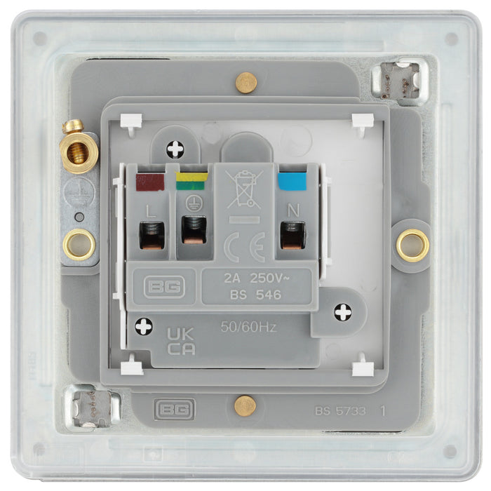 BG FBS28W Flatplate Screwless Unswitched Round Pin Socket 2A - White Insert - Brushed Steel - westbasedirect.com