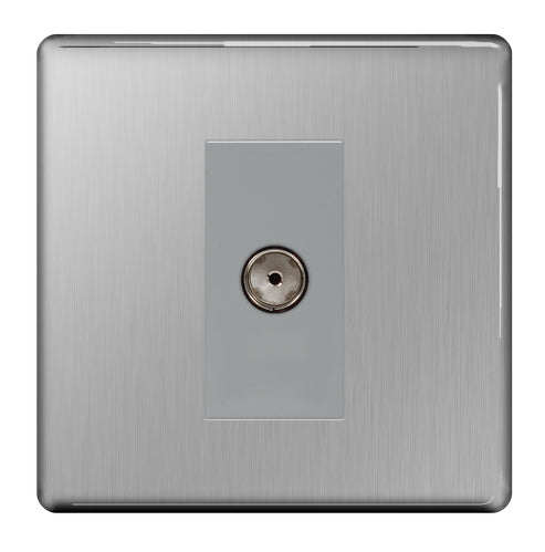 BG FBS62 Flatplate Screwless Isolated TV Aerial Socket - Grey Insert - Brushed Steel - westbasedirect.com