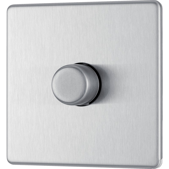 BG FBS81 Flatplate Screwless 2-Way Single Trailing Edge Dimmer Push On/Off - Brushed Steel - westbasedirect.com