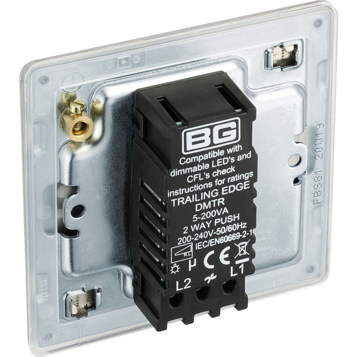BG FBS81 Flatplate Screwless 2-Way Single Trailing Edge Dimmer Push On/Off - Brushed Steel - westbasedirect.com