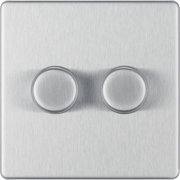 BG FBS82 Flatplate Screwless 2-Way Double Trailing Edge Dimmer Push On/Off - Brushed Steel - westbasedirect.com