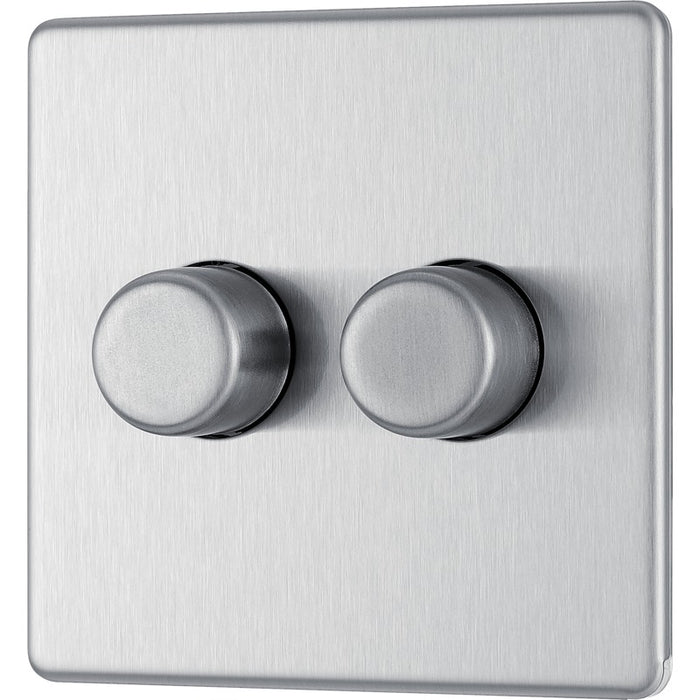 BG FBS82 Flatplate Screwless 2-Way Double Trailing Edge Dimmer Push On/Off - Brushed Steel - westbasedirect.com
