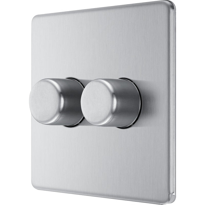 BG FBS82 Flatplate Screwless 2-Way Double Trailing Edge Dimmer Push On/Off - Brushed Steel - westbasedirect.com