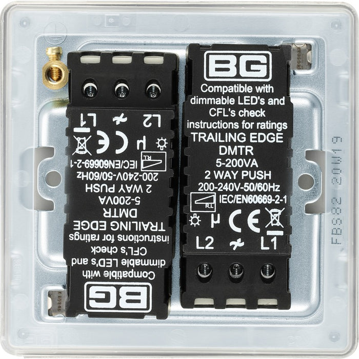 BG FBS82 Flatplate Screwless 2-Way Double Trailing Edge Dimmer Push On/Off - Brushed Steel - westbasedirect.com
