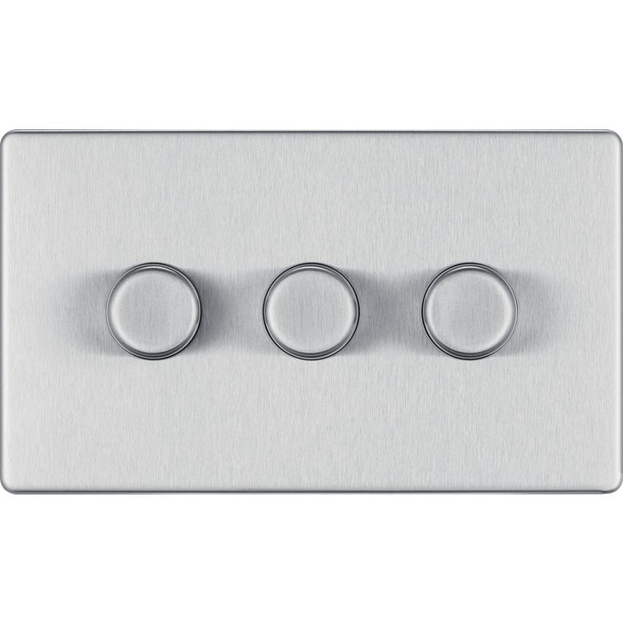 BG FBS83 Flatplate Screwless 2-Way Triple Trailing Edge Dimmer Push On/Off - Brushed Steel - westbasedirect.com
