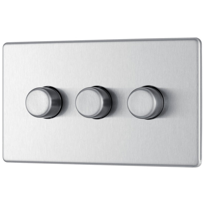 BG FBS83 Flatplate Screwless 2-Way Triple Trailing Edge Dimmer Push On/Off - Brushed Steel - westbasedirect.com