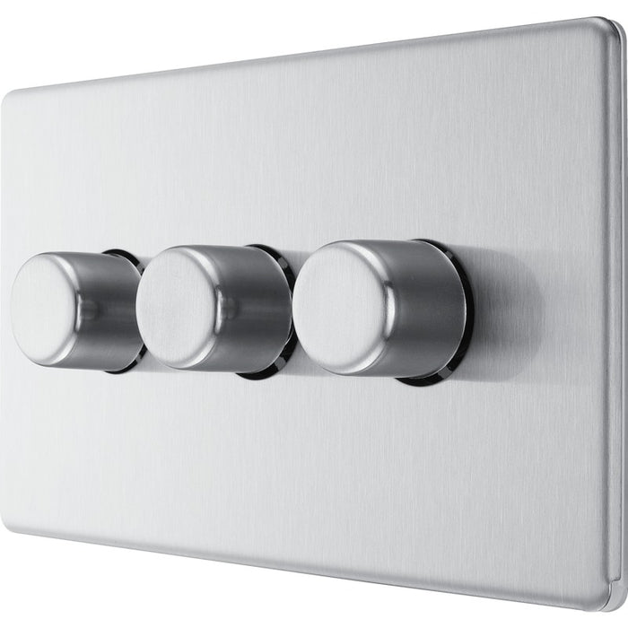 BG FBS83 Flatplate Screwless 2-Way Triple Trailing Edge Dimmer Push On/Off - Brushed Steel - westbasedirect.com