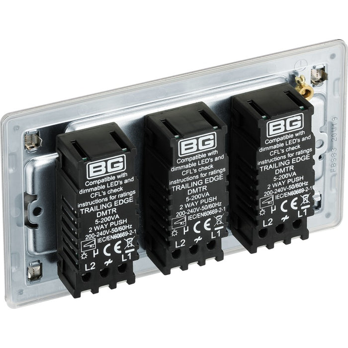 BG FBS83 Flatplate Screwless 2-Way Triple Trailing Edge Dimmer Push On/Off - Brushed Steel - westbasedirect.com
