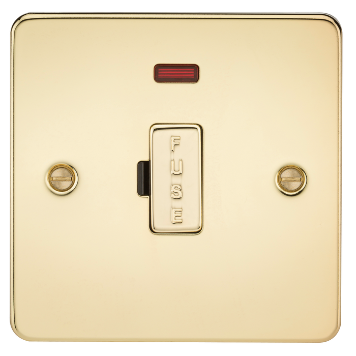 Knightsbridge FP6000NPB Flat Plate 13A Fused Spur Unit + Neon - Polished Brass - westbasedirect.com