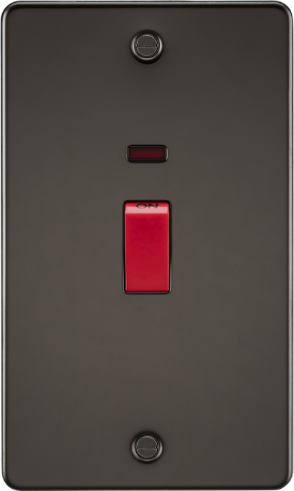 Knightsbridge FP8332NGM Flat Plate 45A 2G DP Switch + Neon - Gunmetal - westbasedirect.com