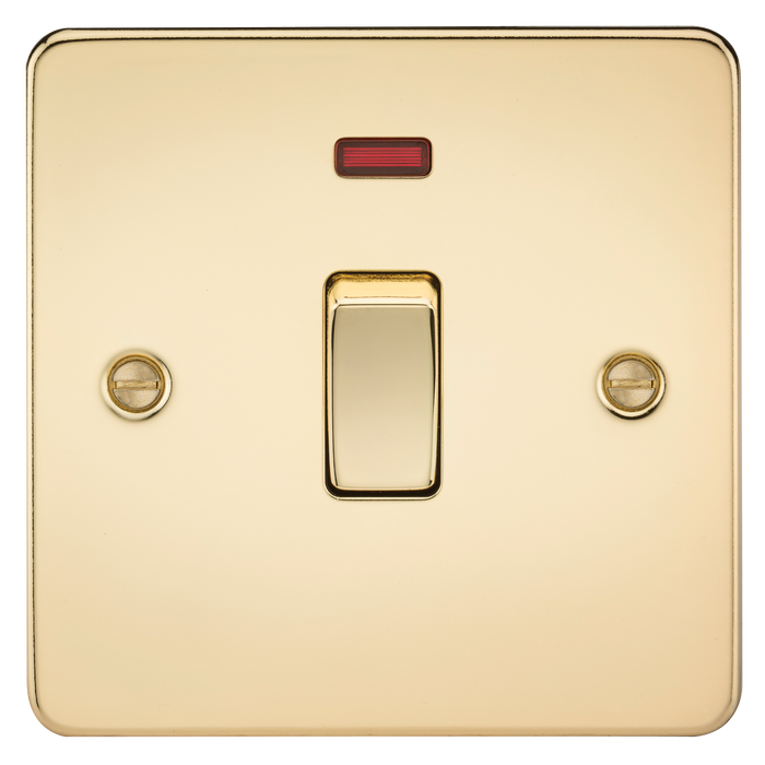 Knightsbridge FP8341NPB Flat Plate 20A 1G DP Switch + Neon - Polished Brass - westbasedirect.com