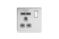 BG FPC21U2G Flatplate Screwless Single Socket + 2x USB - Grey Insert - Polished Chrome