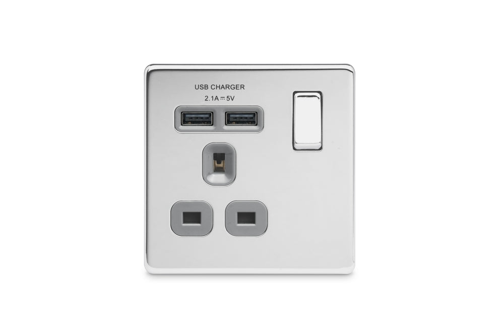 BG FPC21U2G Flatplate Screwless Single Socket + 2x USB - Grey Insert - Polished Chrome - westbasedirect.com