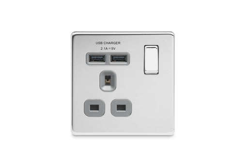 BG FPC21U2G Flatplate Screwless Single Socket + 2x USB - Grey Insert - Polished Chrome - westbasedirect.com