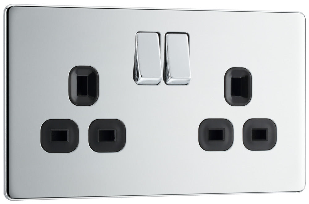 BG FPC22B Flatplate Screwless Double Socket 13A - Black Insert - Polished Chrome - westbasedirect.com