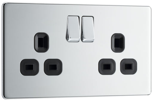 BG FPC22B Flatplate Screwless Double Socket 13A - Black Insert - Polished Chrome - westbasedirect.com