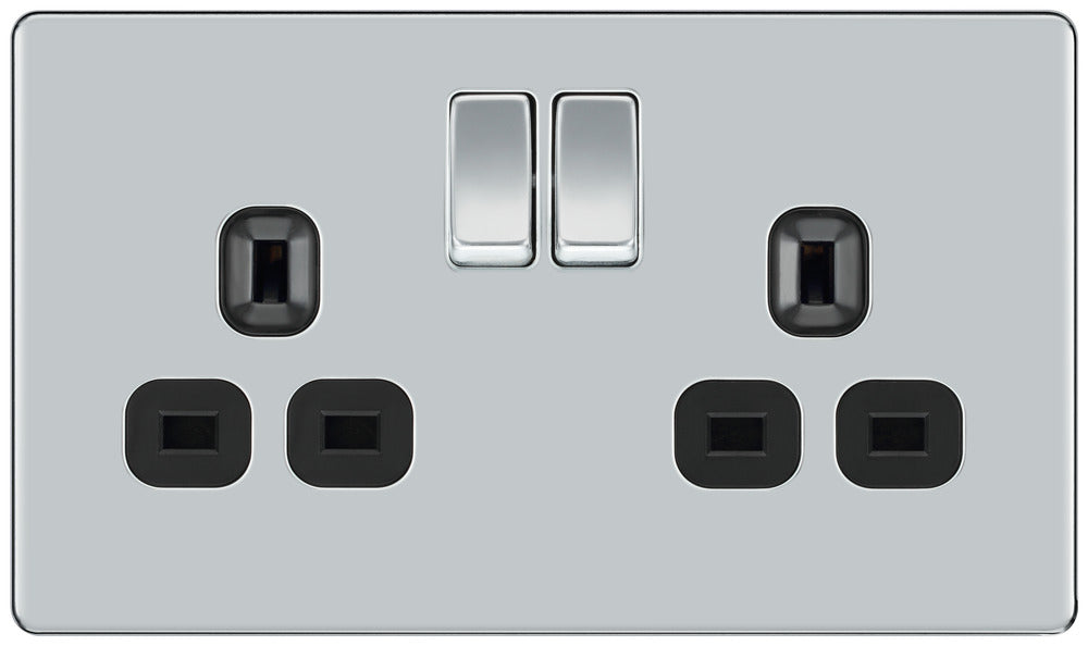 BG FPC22B Flatplate Screwless Double Socket 13A - Black Insert - Polished Chrome - westbasedirect.com