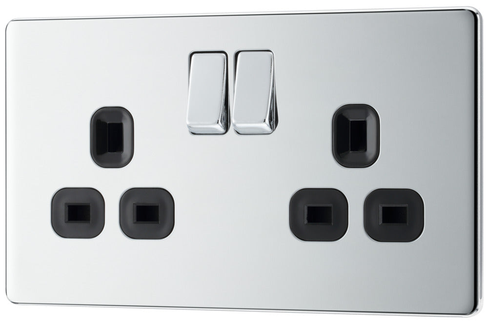 BG FPC22B Flatplate Screwless Double Socket 13A - Black Insert - Polished Chrome - westbasedirect.com