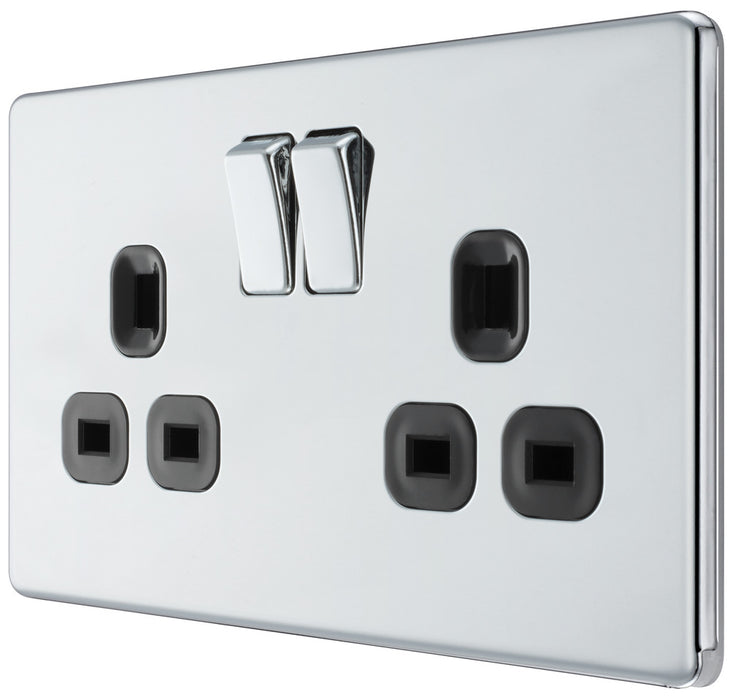 BG FPC22B Flatplate Screwless Double Socket 13A - Black Insert - Polished Chrome - westbasedirect.com