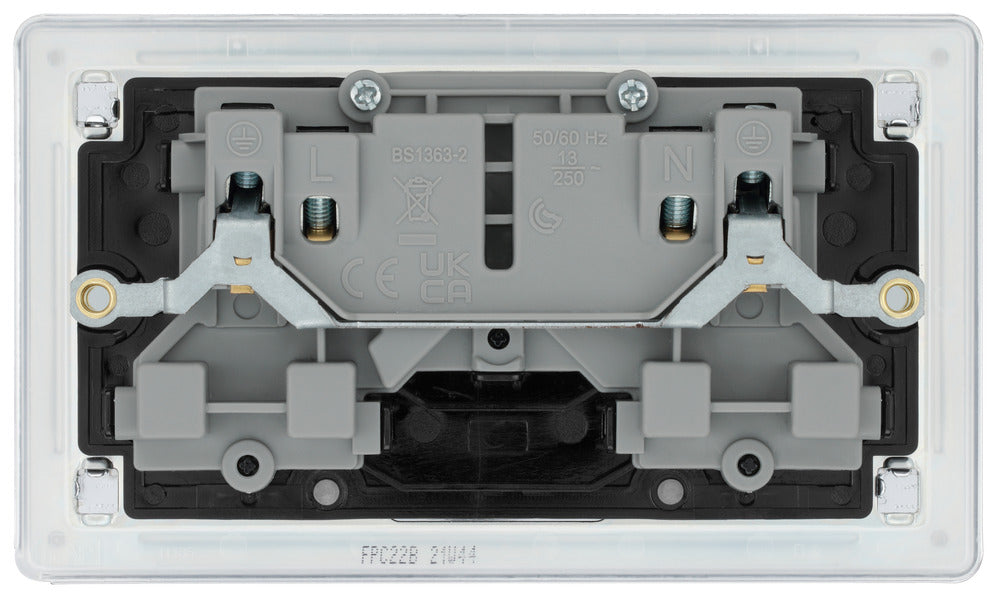 BG FPC22B Flatplate Screwless Double Socket 13A - Black Insert - Polished Chrome - westbasedirect.com