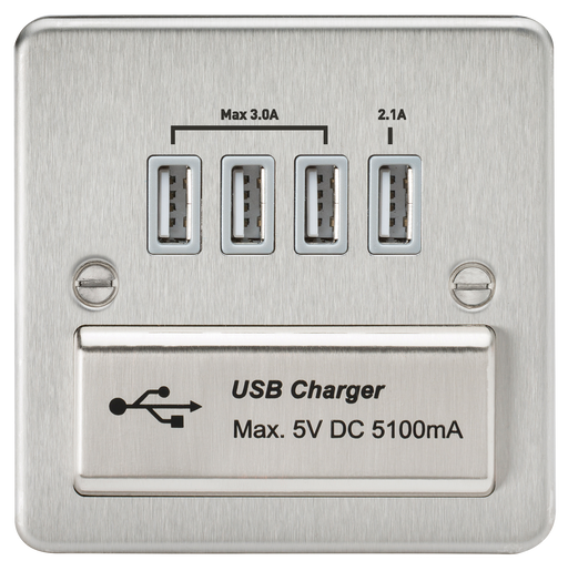 Knightsbridge FPQUADBCG Flat Plate Quad USB Charger - Brushed Chrome + Grey Insert - westbasedirect.com