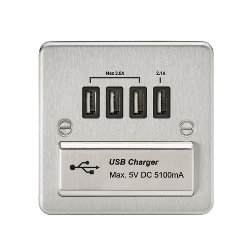 Knightsbridge FPQUADBC Flat Plate Quad USB Charger - Brushed Chrome + Black Insert - westbasedirect.com