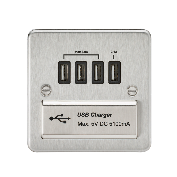 Knightsbridge FPQUADBC Flat Plate Quad USB Charger - Brushed Chrome + Black Insert - westbasedirect.com
