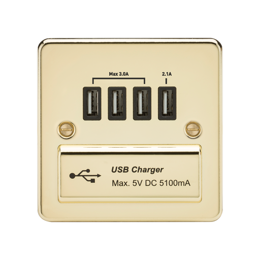 Knightsbridge FPQUADPB Flat Plate Quad USB Charger - Polished Brass + Black Insert - westbasedirect.com