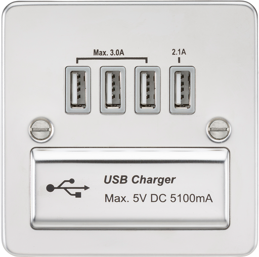 Knightsbridge FPQUADPCG Flat Plate Quad USB Charger - Polished Chrome + Grey Insert - westbasedirect.com