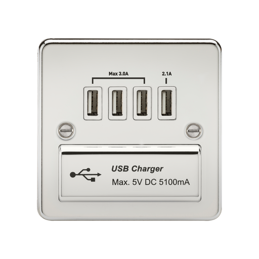 Knightsbridge FPQUADPCW Flat Plate Quad USB Charger - Polished Chrome + White Insert - westbasedirect.com