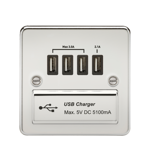 Knightsbridge FPQUADPC Flat Plate Quad USB Charger - Polished Chrome + Black Insert - westbasedirect.com