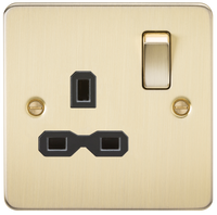 Knightsbridge FPR7000BB Flat Plate 13A 1G DP Switch Socket - Brushed Brass + Black Insert