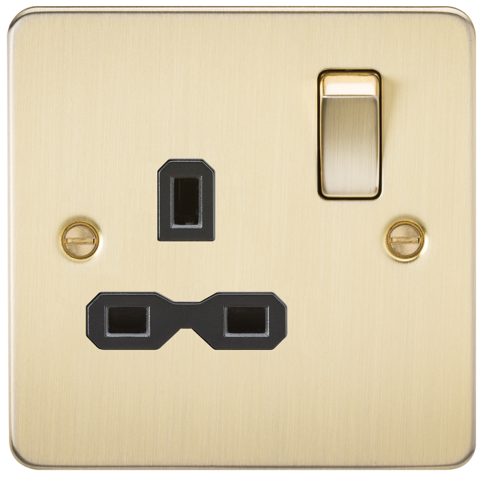 Knightsbridge FPR7000BB Flat Plate 13A 1G DP Switch Socket - Brushed Brass + Black Insert - westbasedirect.com