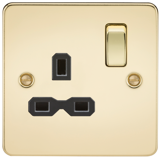 Knightsbridge FPR7000PB Flat Plate 13A 1G DP Switch Socket - Polished Brass + Black Insert - westbasedirect.com