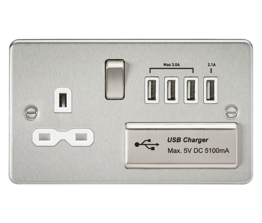 Knightsbridge FPR7USB4BCW Flat Plate 13A Switch Socket + 4xUSB - Brushed Chrome + White Insert - westbasedirect.com