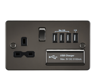 Knightsbridge FPR7USB4GM Flat Plate 13A Switch Socket + 4xUSB - Gunmetal + Black Insert