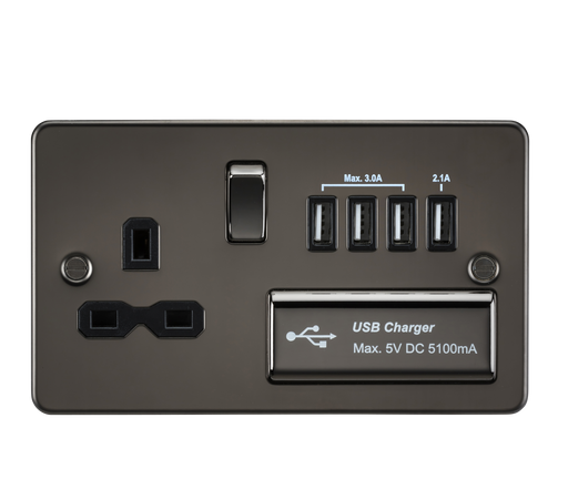 Knightsbridge FPR7USB4GM Flat Plate 13A Switch Socket + 4xUSB - Gunmetal + Black Insert - westbasedirect.com